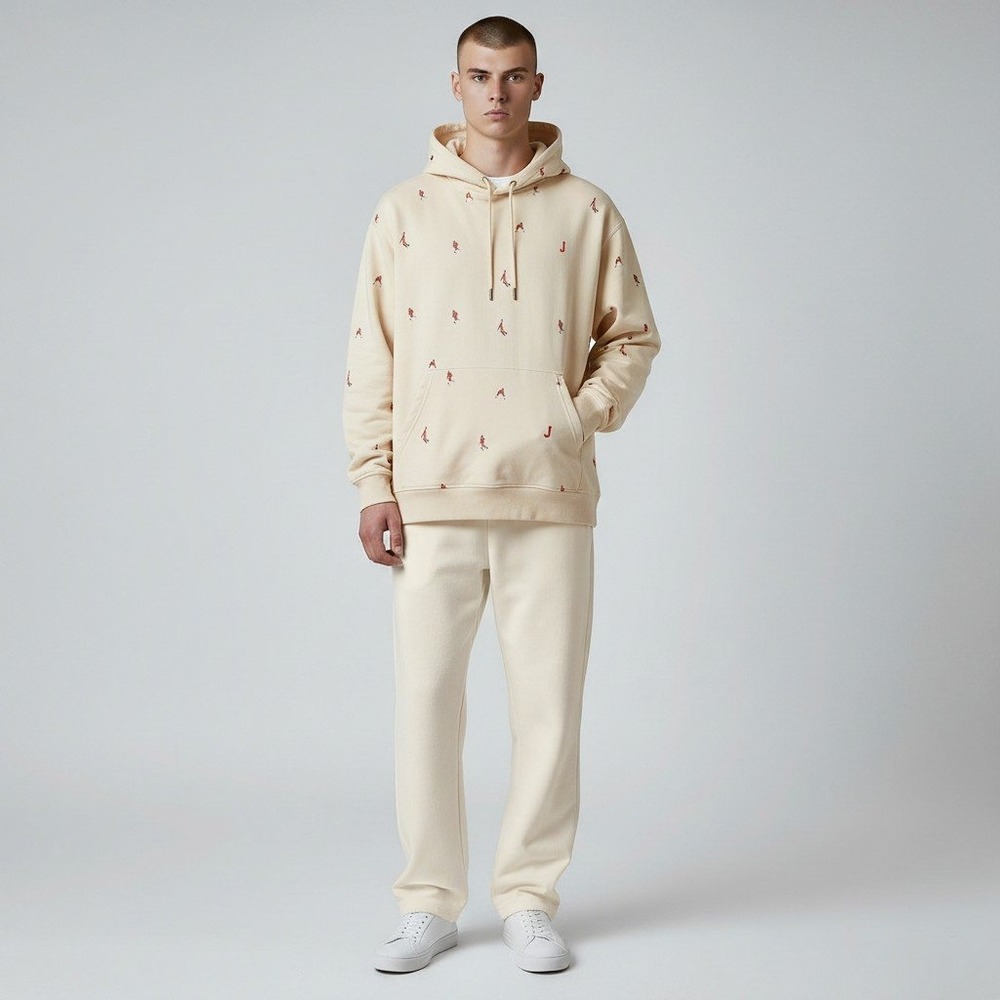 Jordan Hoodie XXL Cream All Over Embroidered Jumpman Basketball Pullover